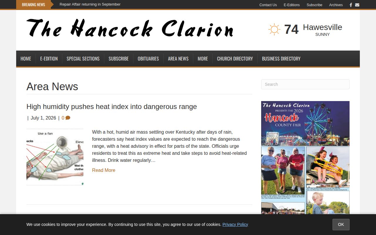 Hancock Clarion local news section for event-driven county reporting