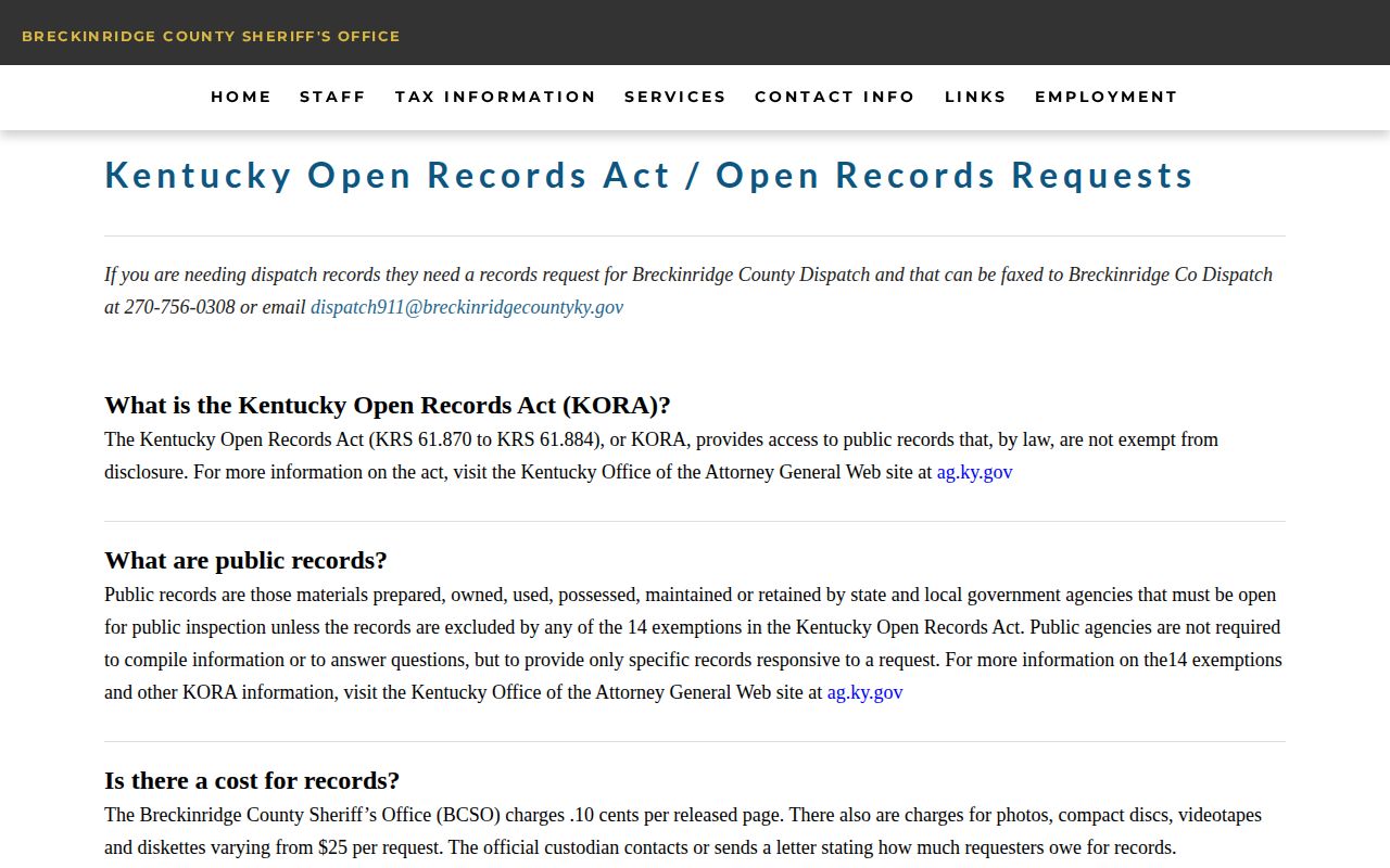Breckinridge open-records instructions for Hancock County booking records and photos