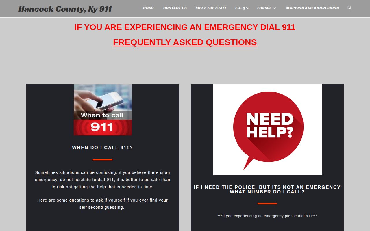Hancock 911 FAQ showing the official non-emergency route for warrant questions