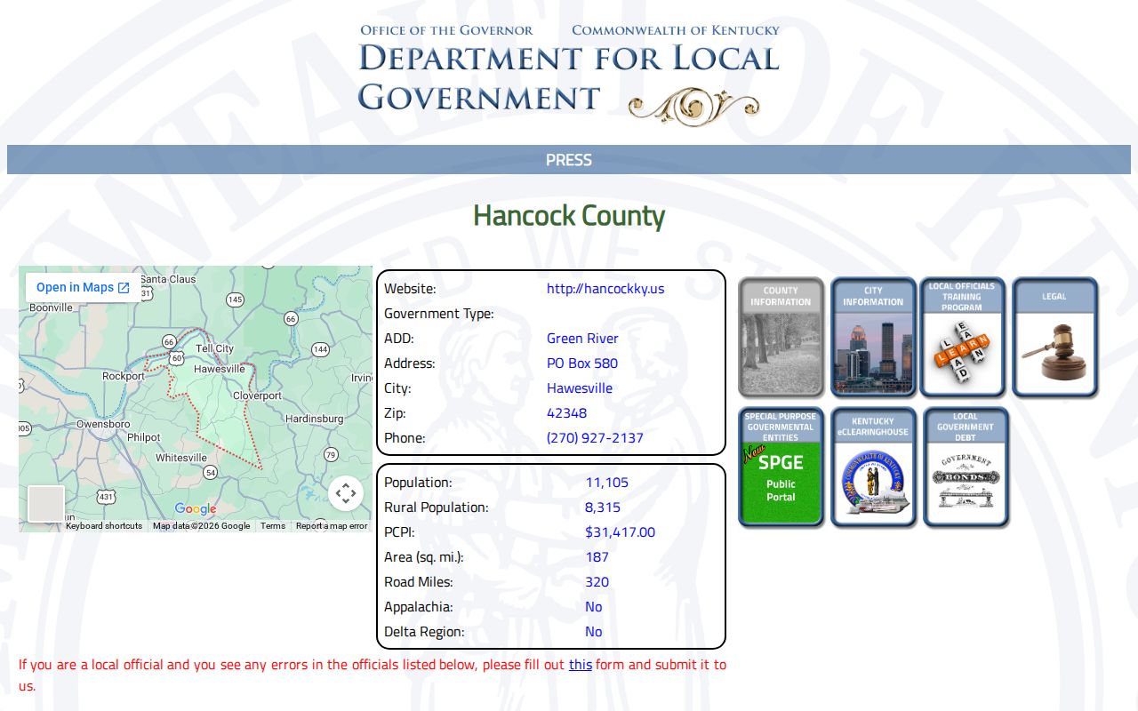 Kentucky state directory profile for Hancock County contacts